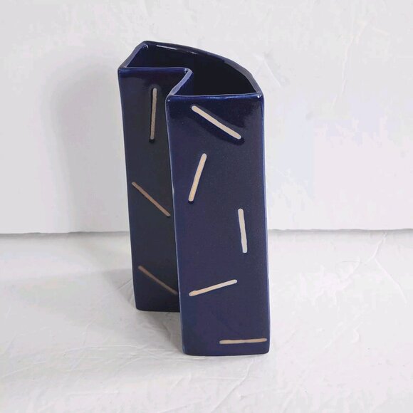 Vintage Stoneware Geometric Vase Retro MCM Rare HTF Cobalt Blue Glazed 6 5/8" - Picture 12 of 14